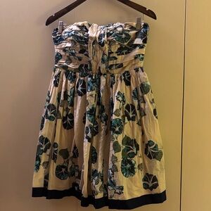 Alberta Ferretti Blue Beige Floral Romance Strapless Dress 6 Holiday Cottagecore